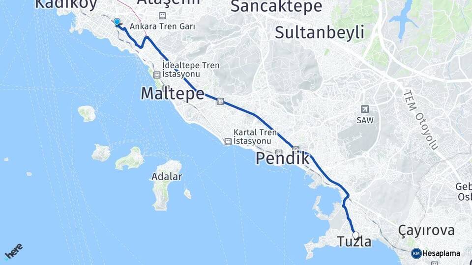İstanbul Kadıköy Erenköy Tuzla Arası Kaç Km - Yol Haritası