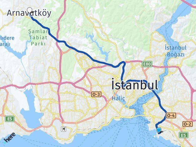İstanbul Kadıköy Fenerbahçe Arnavutköy Arası Kaç Km - Yol Haritası