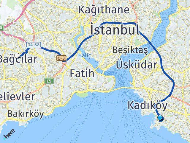 İstanbul Kadıköy Fenerbahçe Bağcılar Arası Kaç Km - Yol Haritası