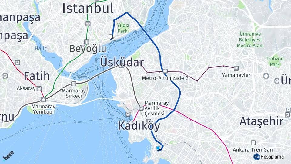 İstanbul Kadıköy Fenerbahçe Beşiktaş Arası Kaç Km - Yol Haritası