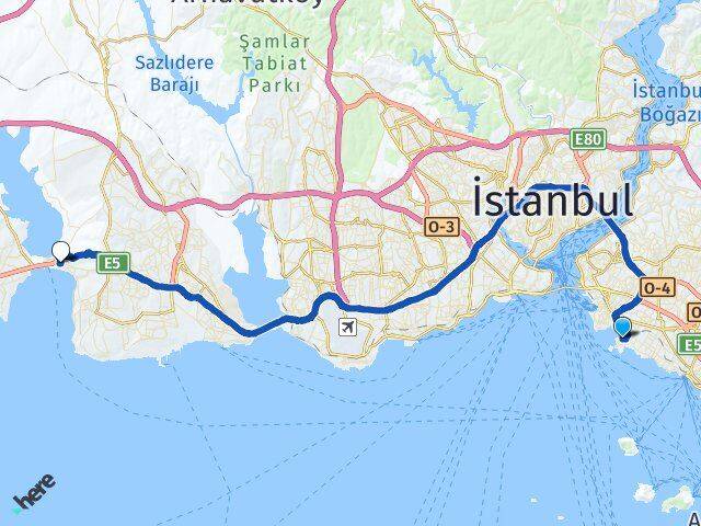 İstanbul Kadıköy Fenerbahçe Büyükçekmece Arası Kaç Km - Yol Haritası