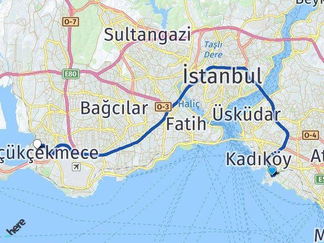 İstanbul Kadıköy Fenerbahçe Küçükçekmece Arası Kaç Km - Yol Haritası
