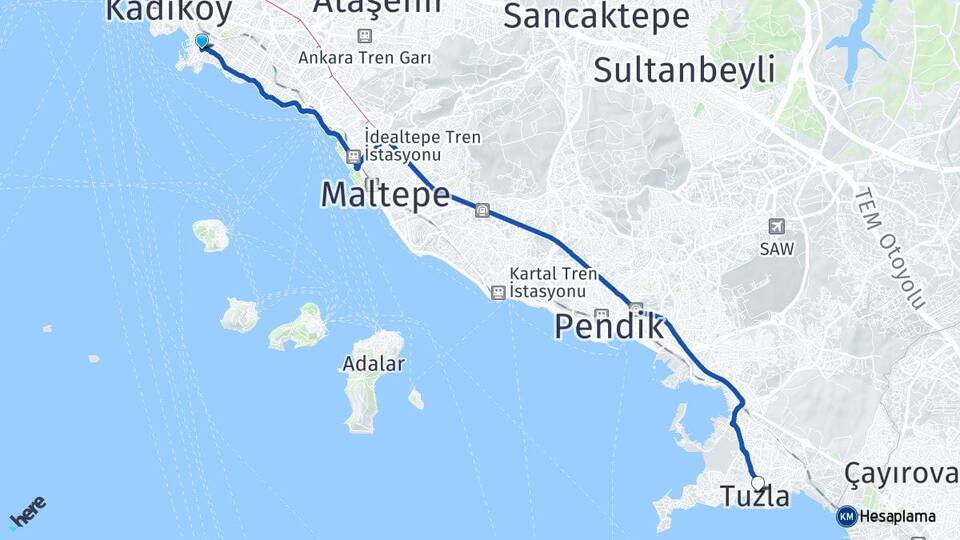İstanbul Kadıköy Fenerbahçe Tuzla Arası Kaç Km - Yol Haritası