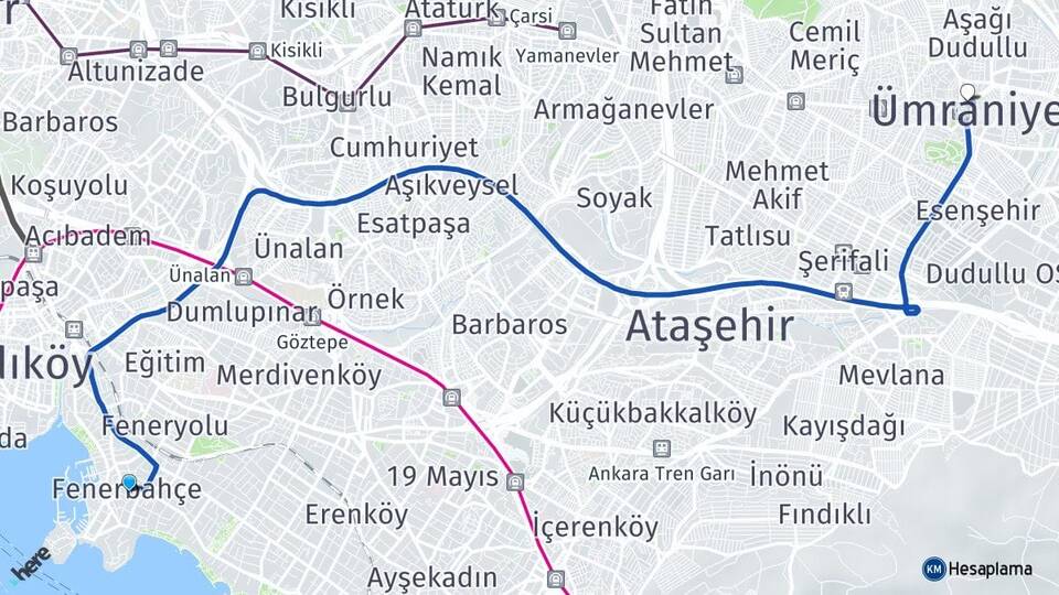 İstanbul Kadıköy Fenerbahçe Ümraniye Arası Kaç Km - Yol Haritası