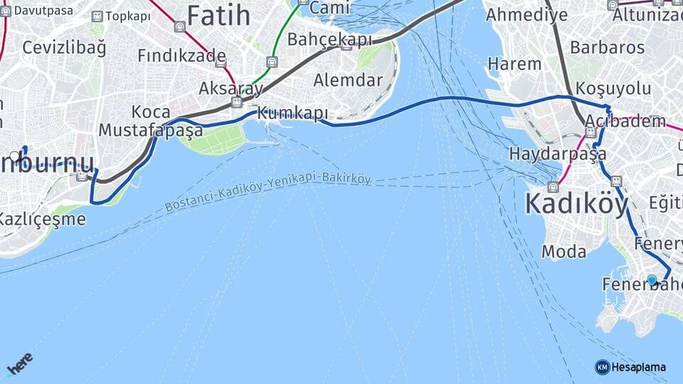 İstanbul Kadıköy Fenerbahçe Zeytinburnu Arası Kaç Km - Yol Haritası