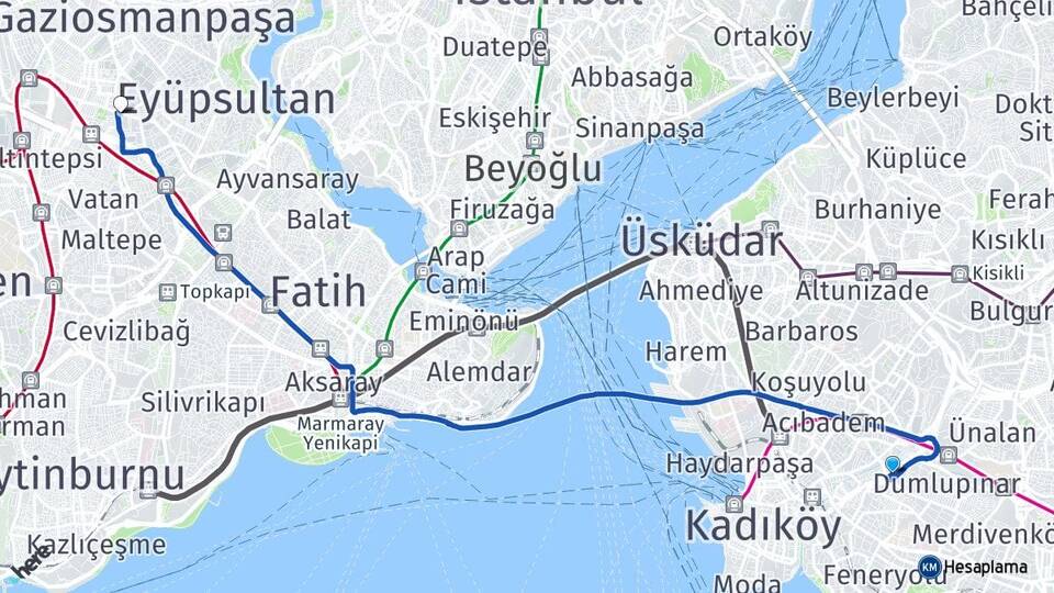 İstanbul Kadıköy Fikirtepe Bayrampaşa Arası Kaç Km - Yol Haritası