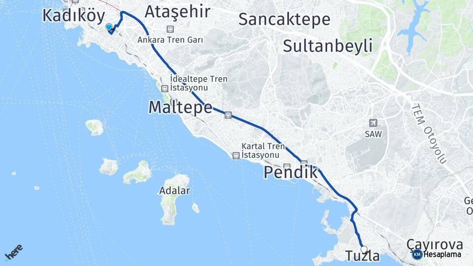 İstanbul Kadıköy Göztepe Tuzla Arası Kaç Km - Yol Haritası