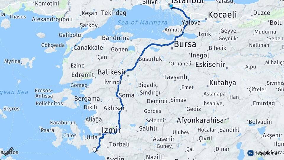 İstanbul Kadıköy Gümüldür Atatürk Menderes İzmir Arası Kaç Km - Yol Haritası