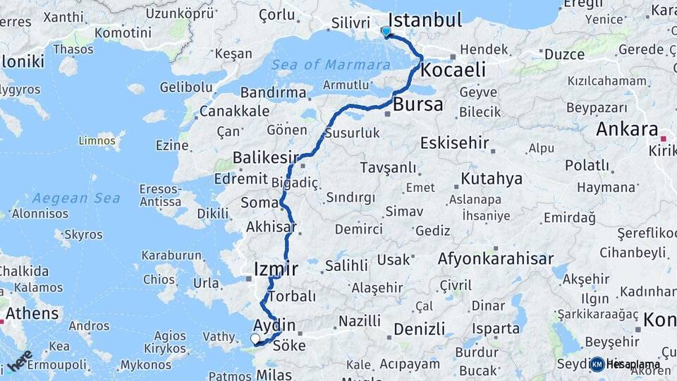 İstanbul Kadıköy Güzelçamlı Kuşadası Aydın Arası Kaç Km - Yol Haritası