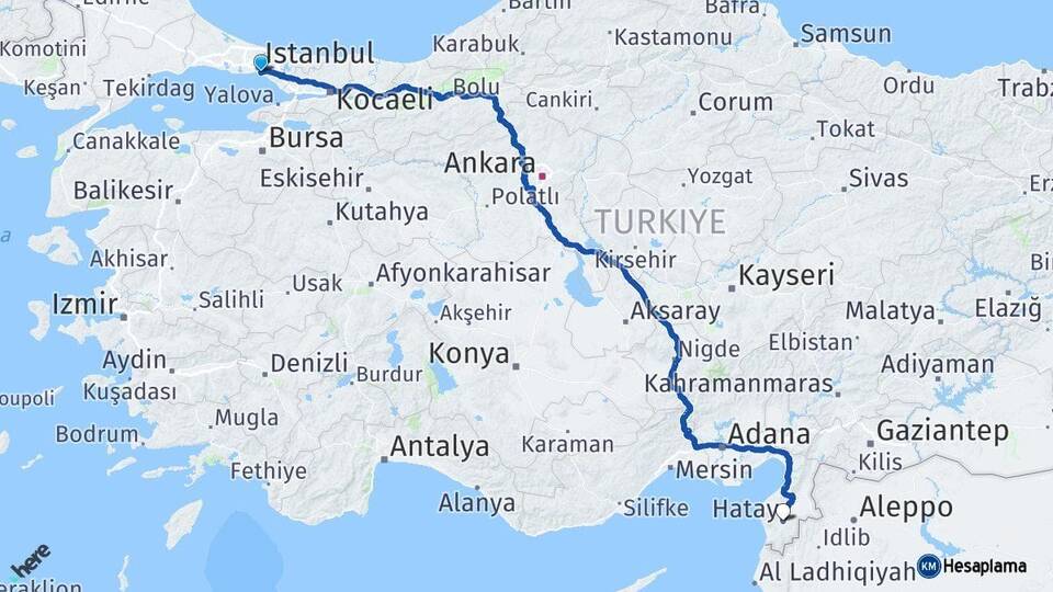 İstanbul Kadıköy Hatay Arası Kaç Km - Yol Haritası