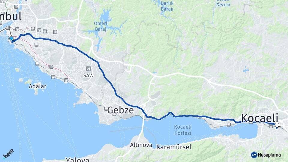 İstanbul Kadıköy Kartepe Kocaeli Arası Kaç Km - Yol Haritası