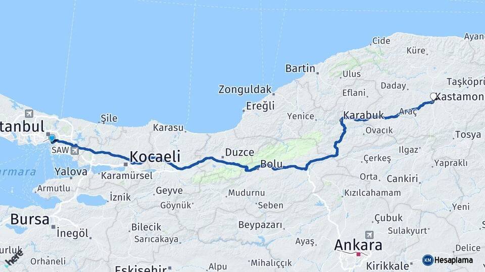 İstanbul Kadıköy Kastamonu Arası Kaç Km - Yol Haritası