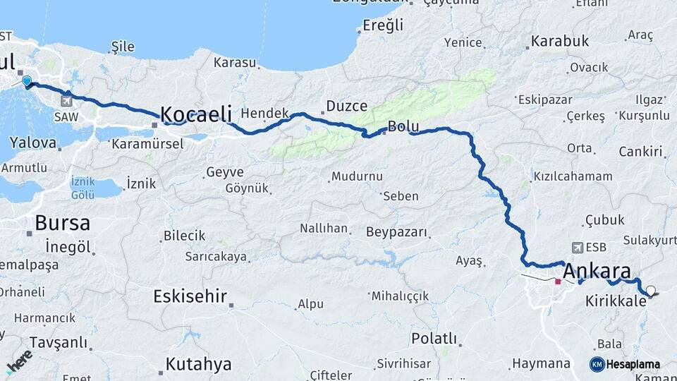 İstanbul Kadıköy Kırıkkale Arası Kaç Km - Yol Haritası