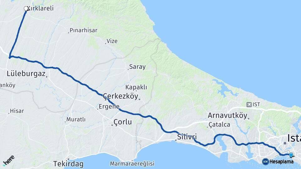 İstanbul Kadıköy Kırklareli Arası Kaç Km - Yol Haritası