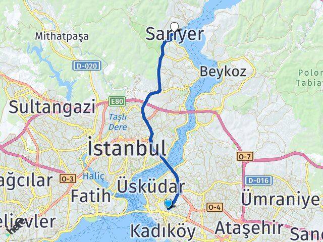 İstanbul Kadıköy Koşuyolu Sarıyer Arası Kaç Km - Yol Haritası