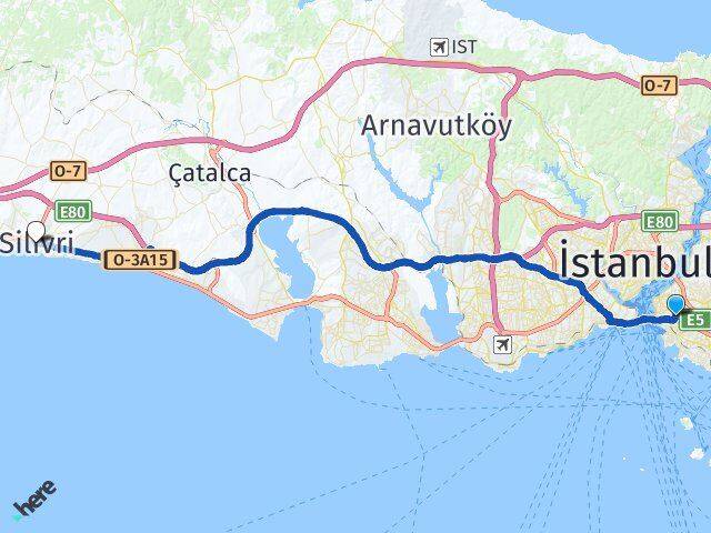 İstanbul Kadıköy Koşuyolu Silivri Arası Kaç Km - Yol Haritası
