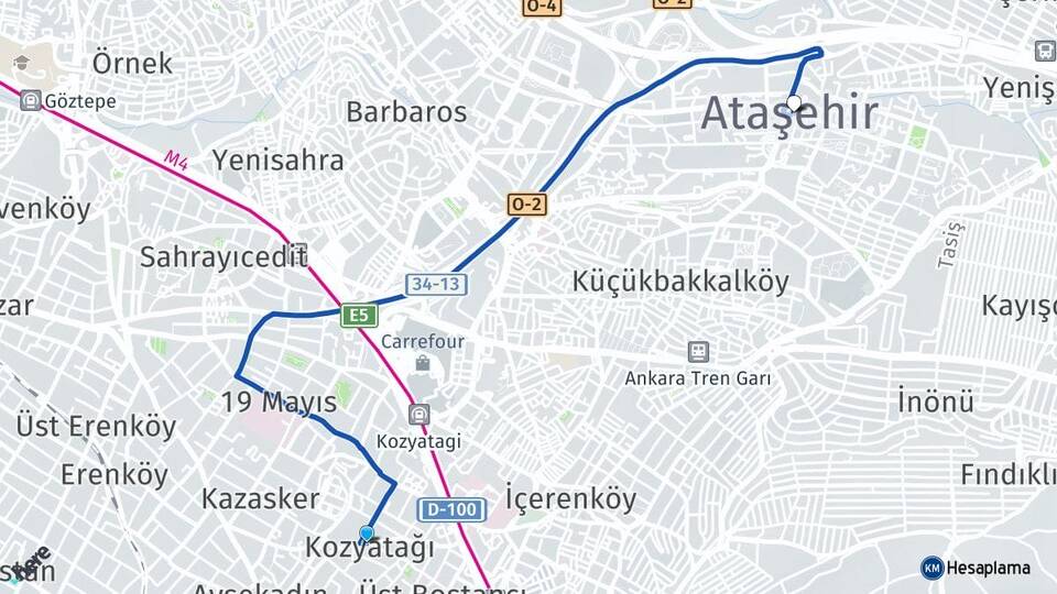 İstanbul Kadıköy Kozyatağı Ataşehir Arası Kaç Km - Yol Haritası