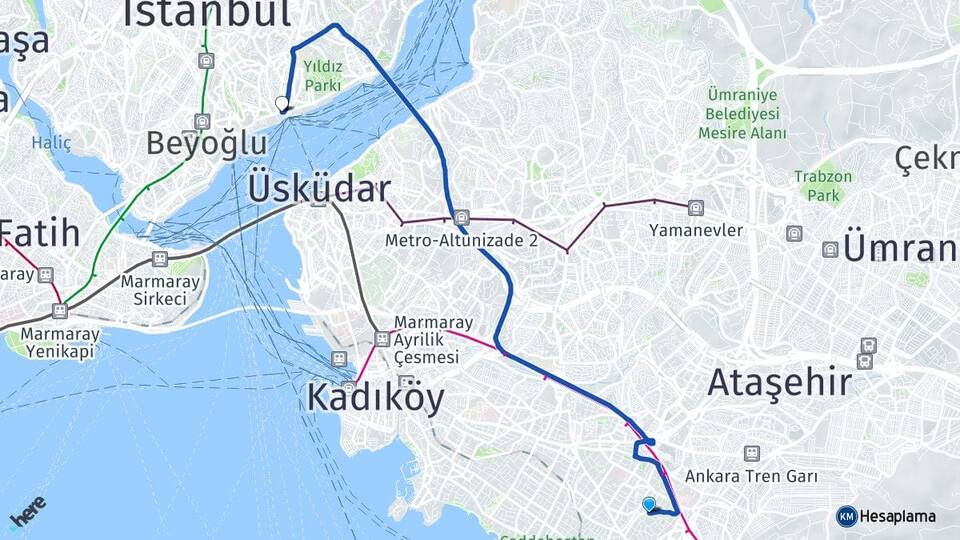 İstanbul Kadıköy Kozyatağı Beşiktaş Arası Kaç Km - Yol Haritası