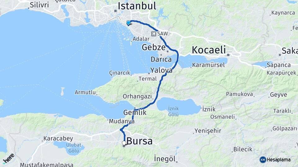 Kozyatağı Bursa Arası Kaç Km - Yol Tarifi