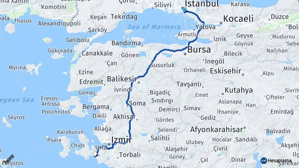İstanbul Kadıköy Sığacık Seferihisar İzmir Arası Kaç Km - Yol Haritası