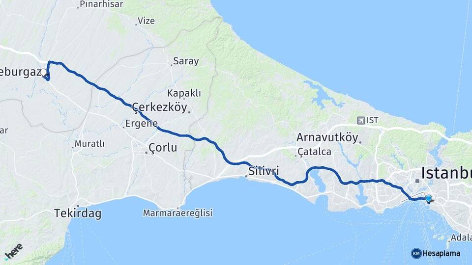 İstanbul Kadıköy Söğütlüçeşme Lüleburgaz Kırklareli Arası Kaç Km - Yol Haritası