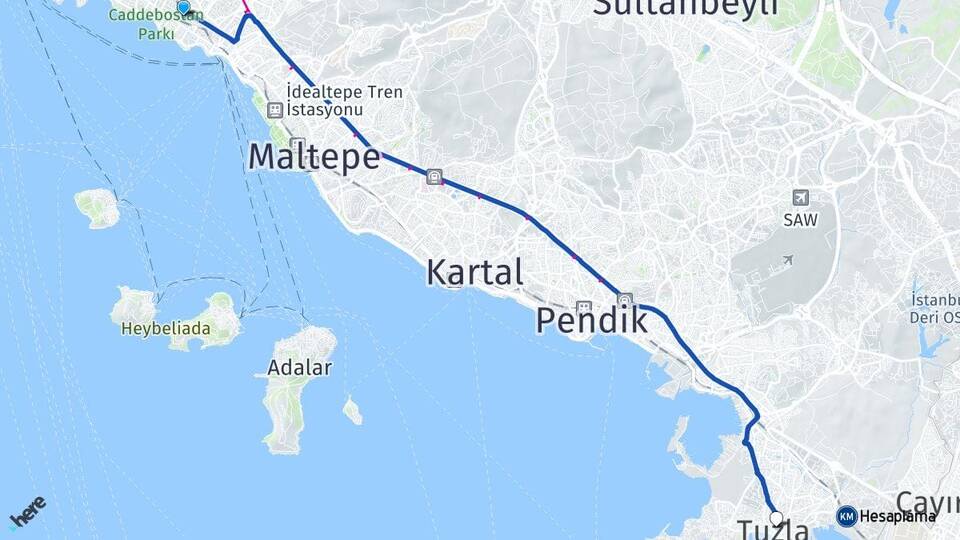 İstanbul Kadıköy Suadiye Tuzla Arası Kaç Km - Yol Haritası