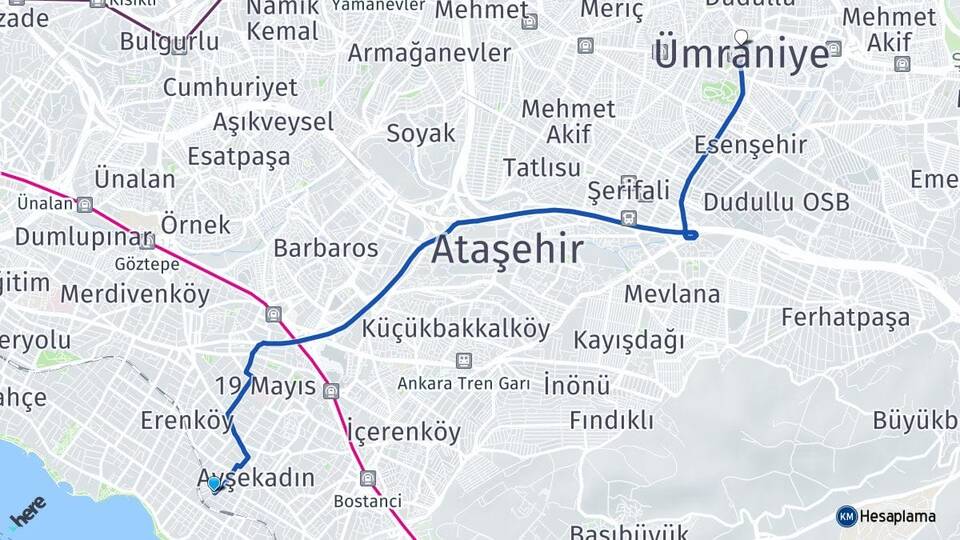 İstanbul Kadıköy Suadiye Ümraniye Arası Kaç Km - Yol Haritası