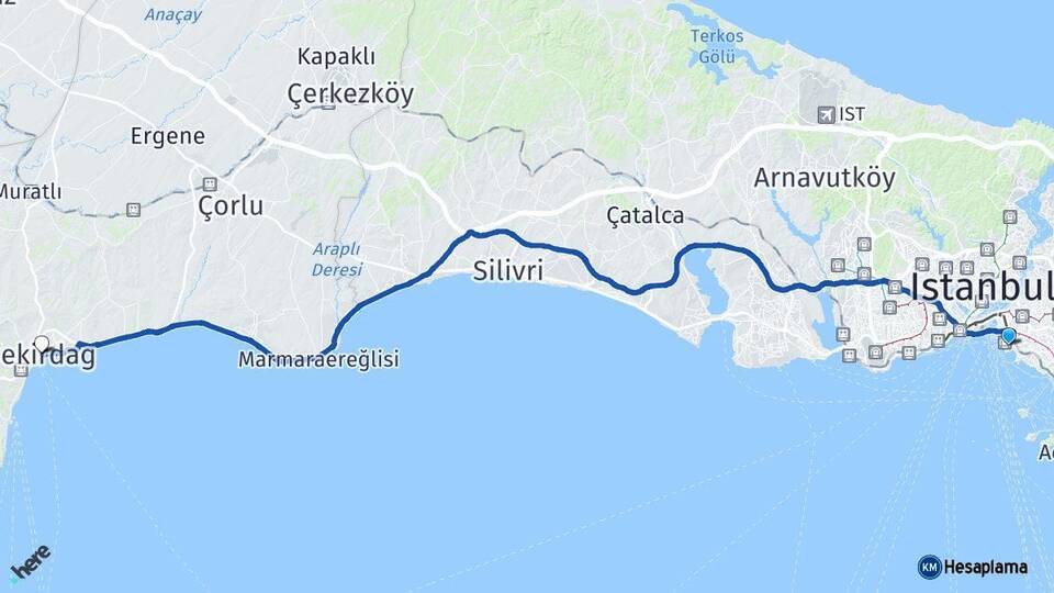 İstanbul Kadıköy Tekirdağ Arası Kaç Km - Yol Haritası