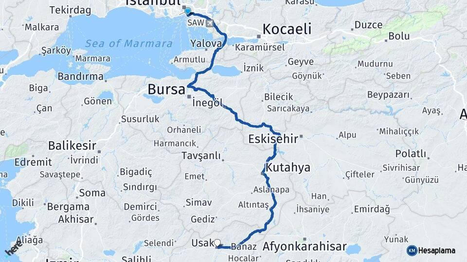 İstanbul Kadıköy Uşak Arası Kaç Km - Yol Haritası