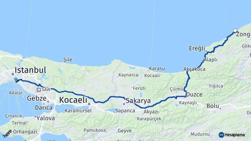 İstanbul Kadıköy Zonguldak Arası Kaç Km - Yol Haritası