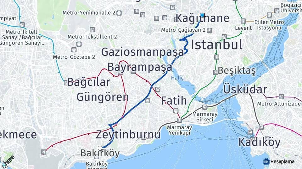 İstanbul Kağıthane Bakırköy Arası Kaç Km - Yol Haritası