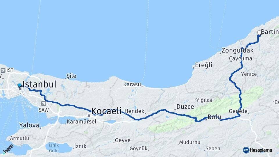 İstanbul Kağıthane Bartın Arası Kaç Km - Yol Haritası