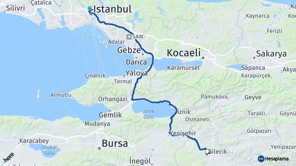 İstanbul Kağıthane Bilecik Arası Kaç Km - Yol Haritası