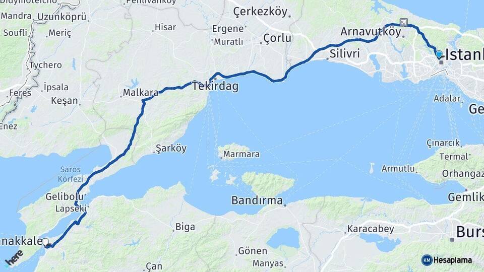 İstanbul Kağıthane Çanakkale Arası Kaç Km - Yol Haritası
