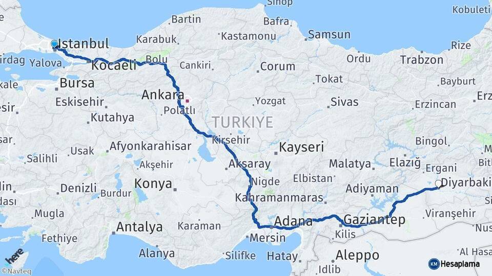 İstanbul Kağıthane Diyarbakır Arası Kaç Km - Yol Haritası