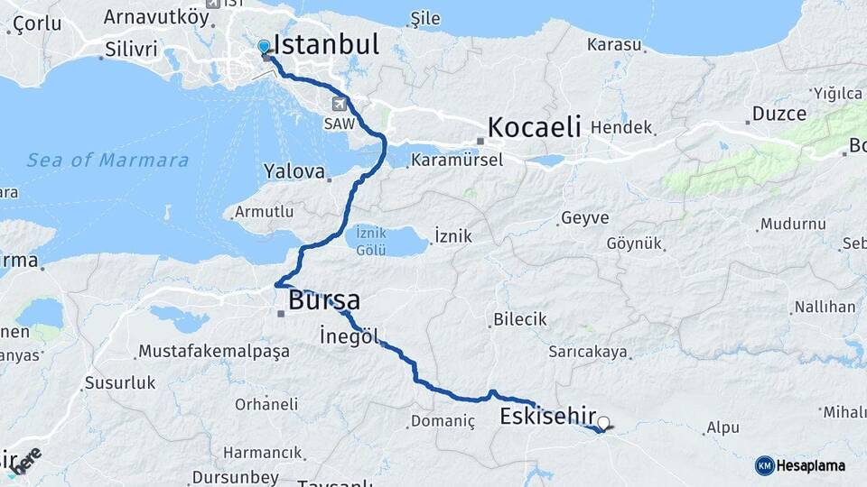 İstanbul Kağıthane Eskişehir Arası Kaç Km - Yol Haritası