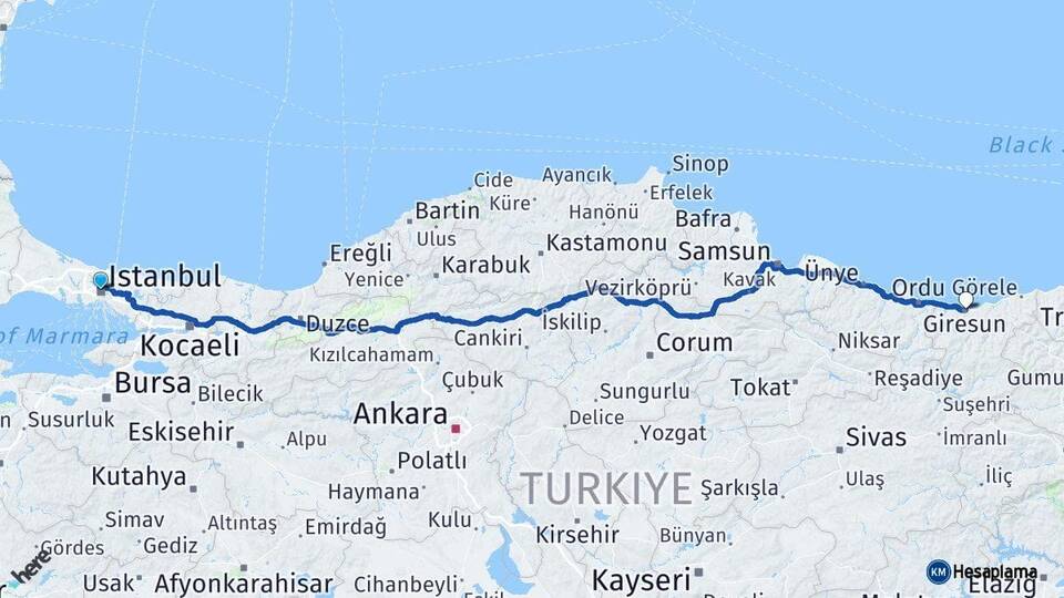 İstanbul Kağıthane Giresun Arası Kaç Km - Yol Haritası