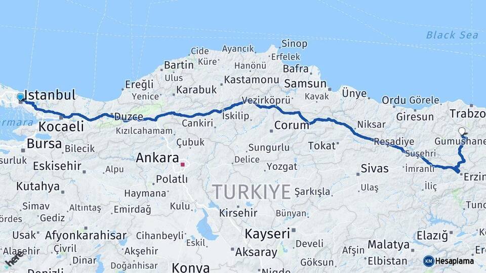 İstanbul Kağıthane Gümüşhane Arası Kaç Km - Yol Haritası