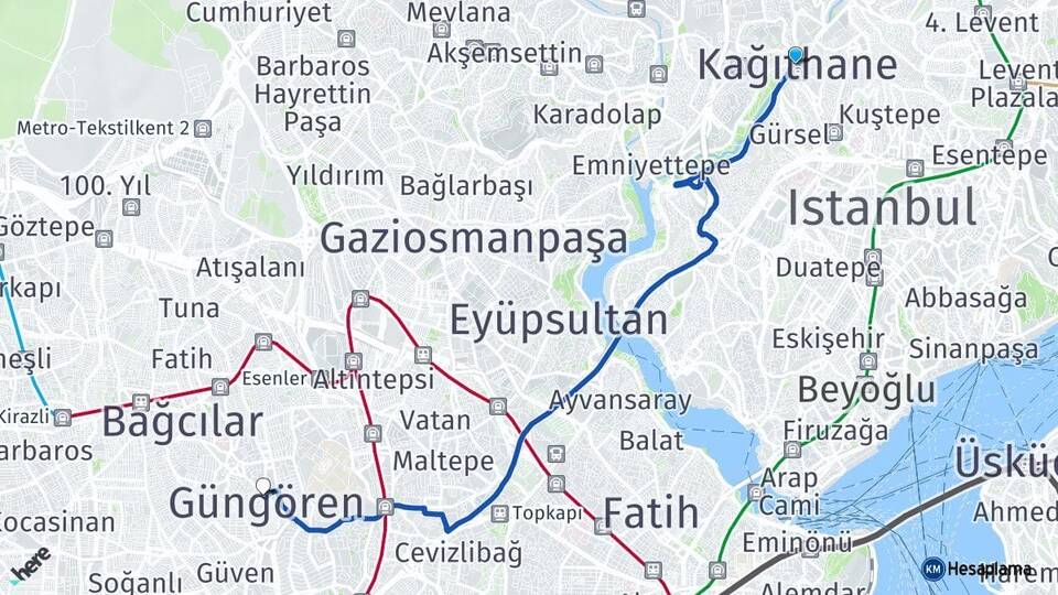 İstanbul Kağıthane Güngören Arası Kaç Km - Yol Haritası