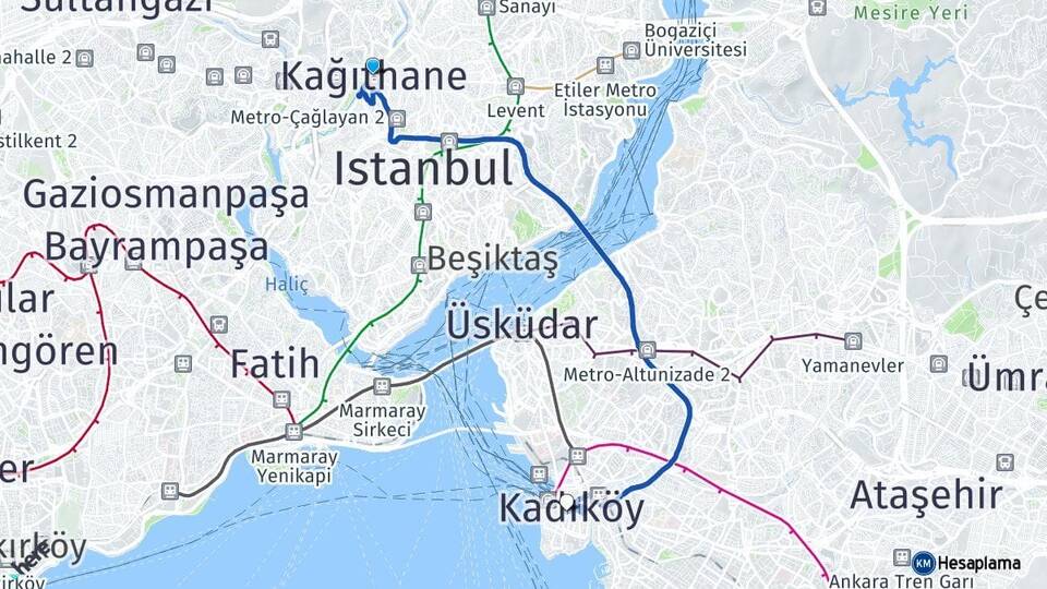 İstanbul Kağıthane Kadıköy Arası Kaç Km - Yol Haritası