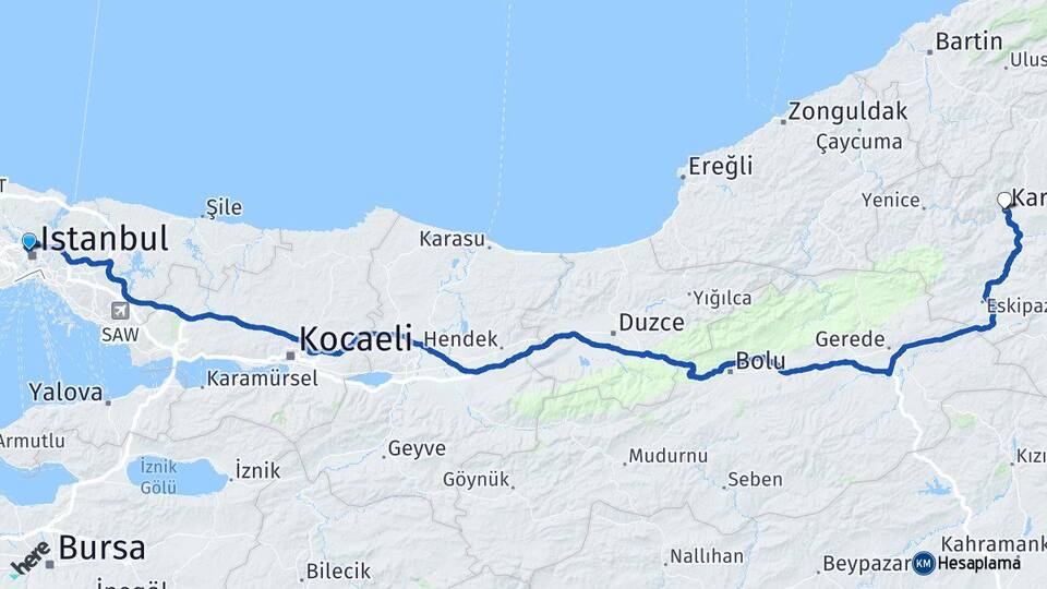 İstanbul Kağıthane Karabük Arası Kaç Km - Yol Haritası