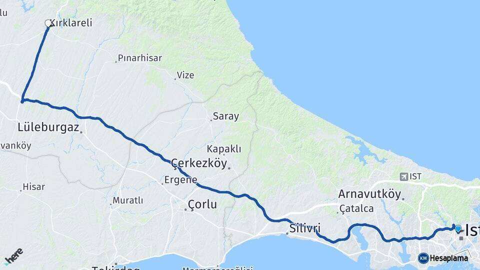 İstanbul Kağıthane Kırklareli Arası Kaç Km - Yol Haritası