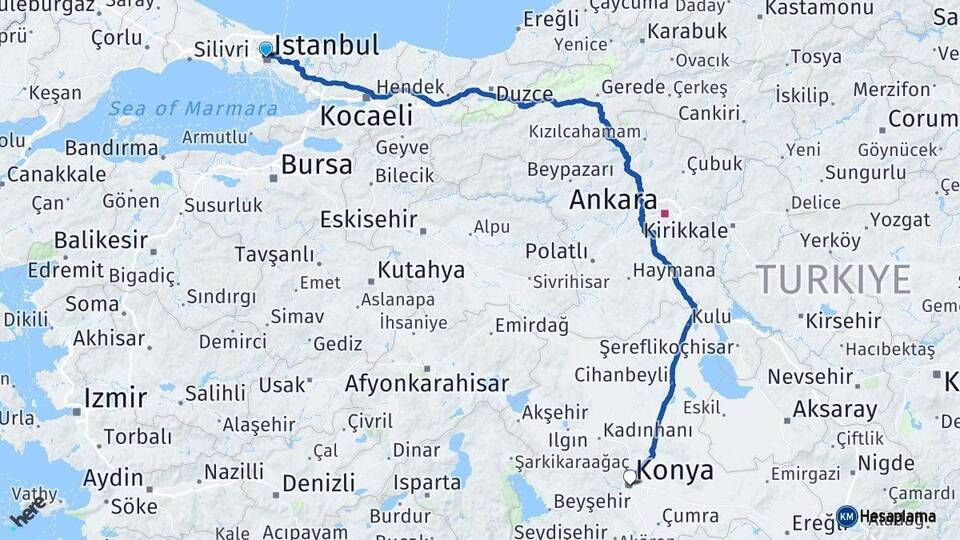 İstanbul Kağıthane Konya Arası Kaç Km - Yol Haritası