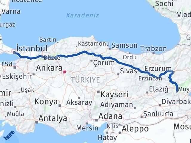 İstanbul Kağıthane Muş Arası Kaç Km - Yol Haritası