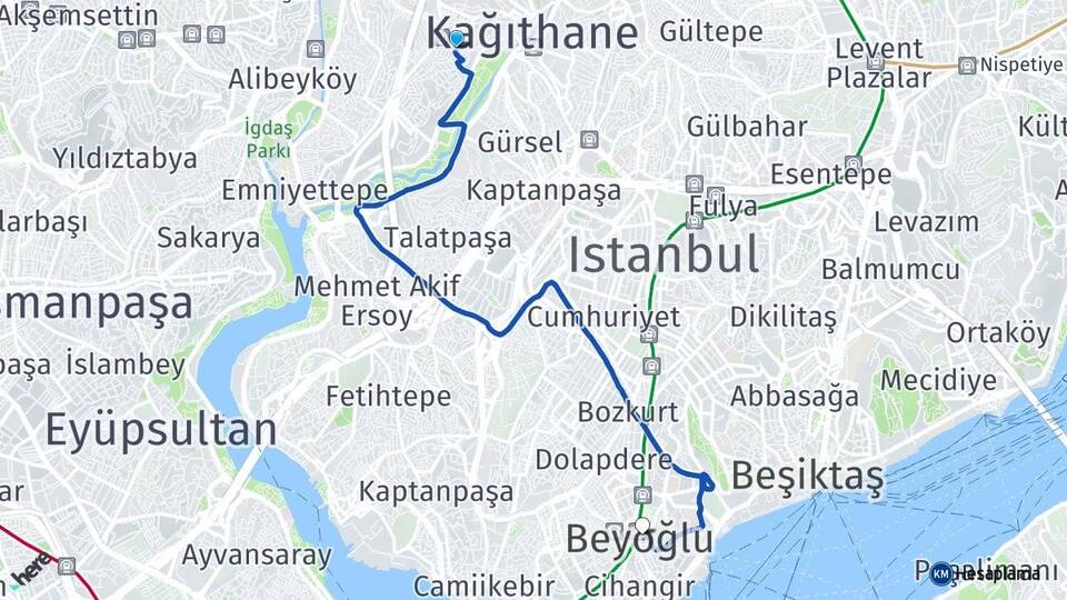 İstanbul Kağıthane Nurtepe Beyoğlu Arası Kaç Km - Yol Haritası