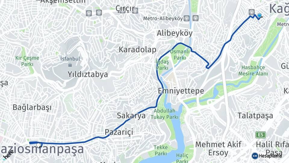 İstanbul Kağıthane Nurtepe Gaziosmanpaşa Arası Kaç Km - Yol Haritası