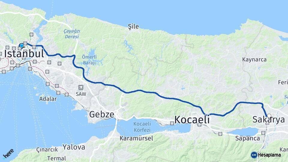 İstanbul Kağıthane Sakarya Arası Kaç Km - Yol Haritası