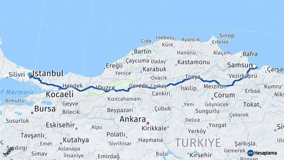 İstanbul Kağıthane Samsun Arası Kaç Km - Yol Haritası