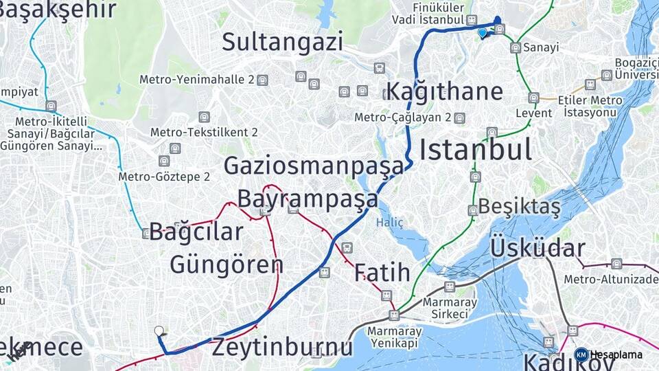 İstanbul Kağıthane Seyrantepe Bahçelievler Arası Kaç Km - Yol Haritası
