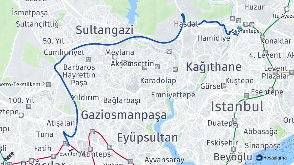 İstanbul Kağıthane Seyrantepe Esenler Arası Kaç Km - Yol Haritası